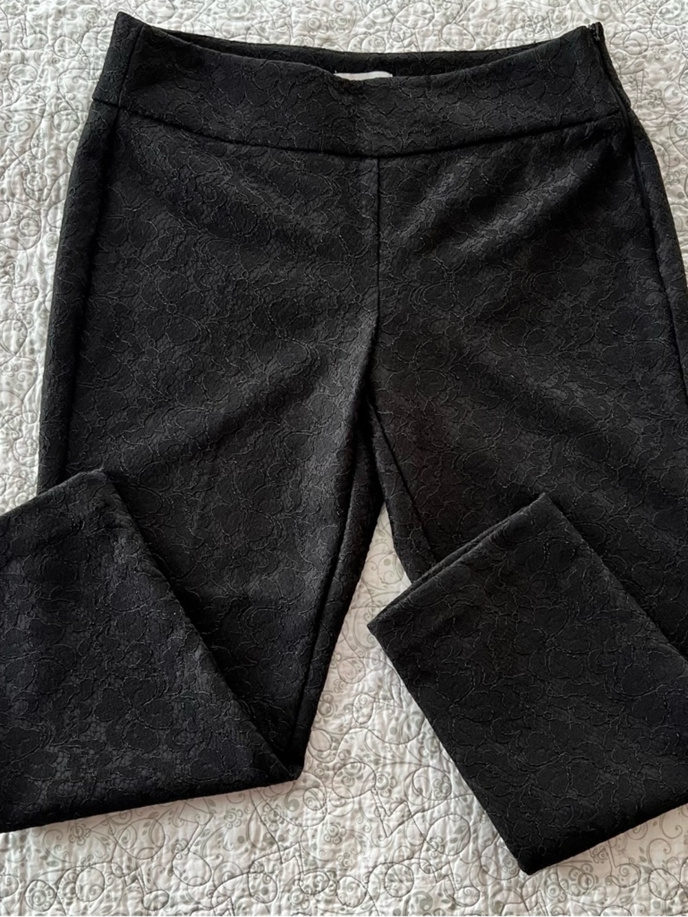 Elle Black Textured Lacy Ankle Pants Dressy Sophisticated Feminine Romantic